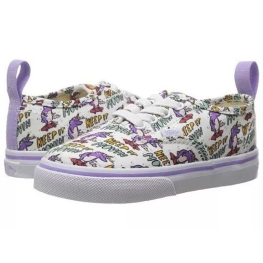 NWT - Vans Kids White Sneakers with Purple Accents and Multi-Color Print